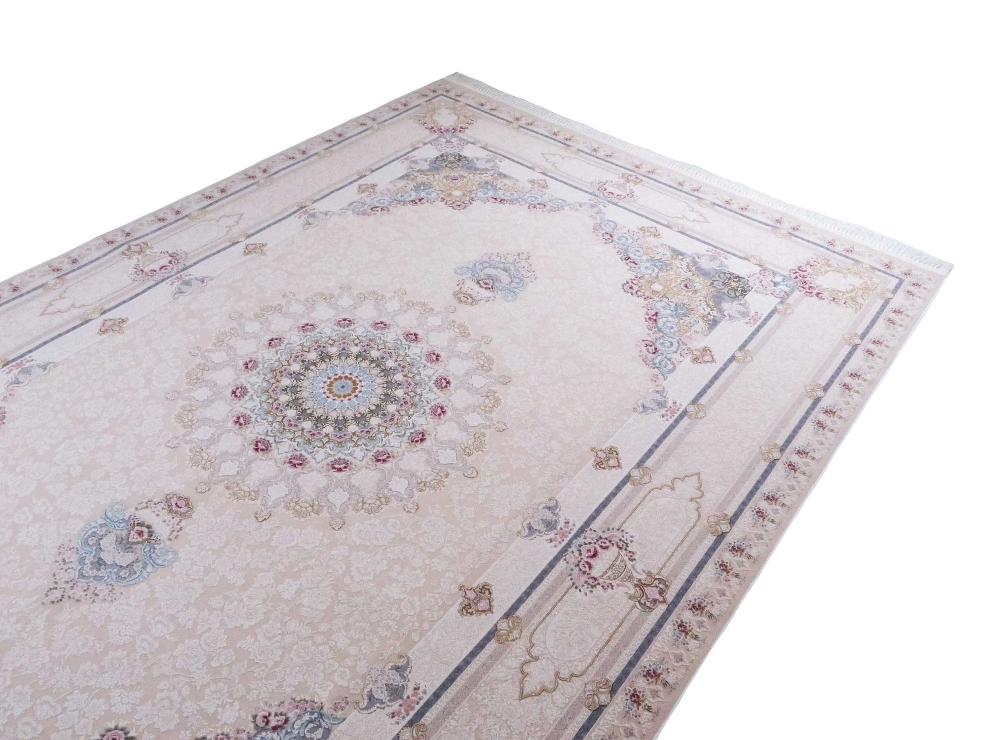 Persischer Maschinenteppich von Khademi aus Acryl, cremeweiß, Ghom-Medaillon-Design, Größe: 300 x 200 cm. Made in Iran. Teppichnummer: KB4-1831. Verkauf durch Jupiter Intl.