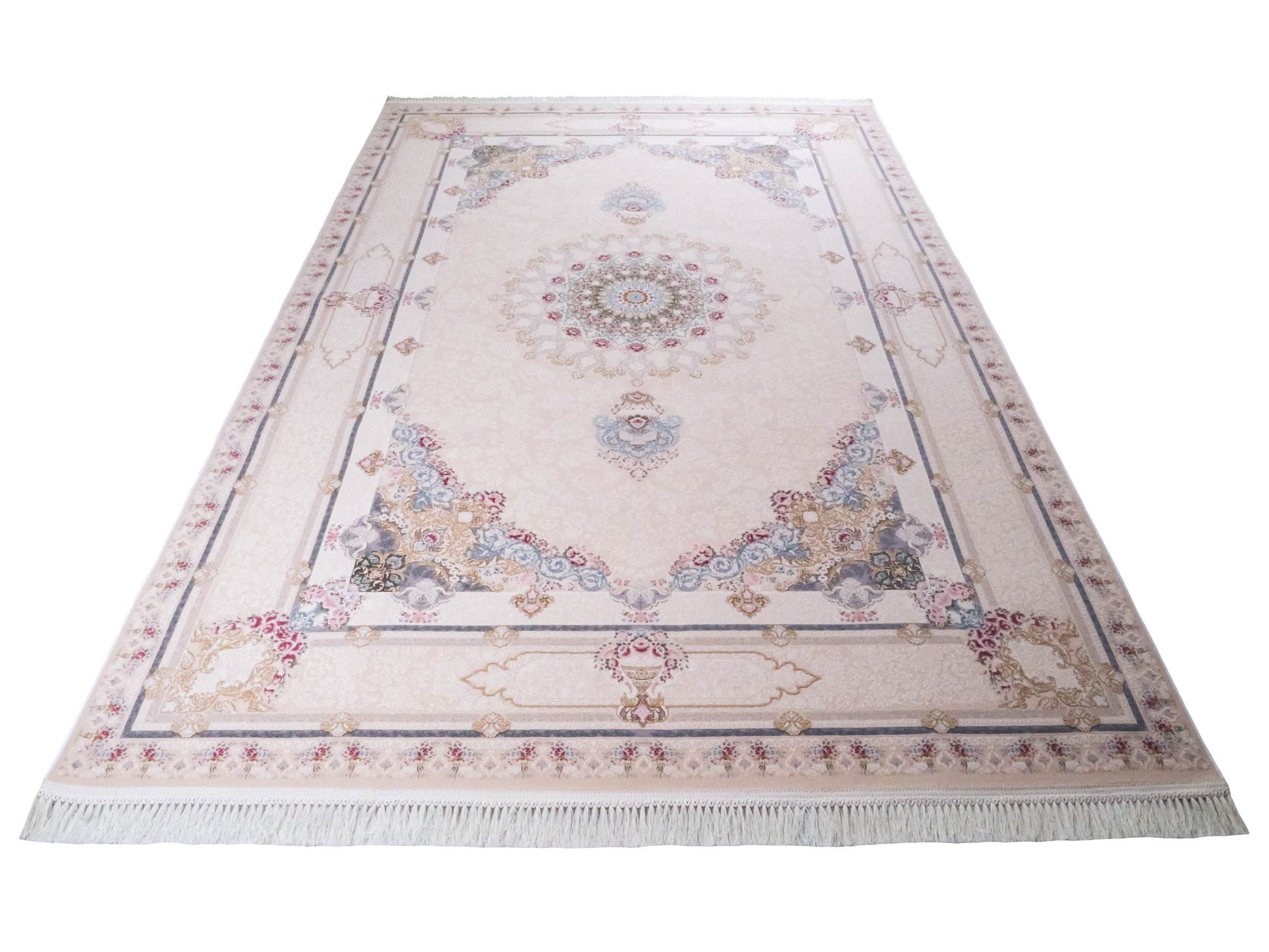 Persischer Maschinenteppich von Khademi aus Acryl, cremeweiß, Ghom-Medaillon-Design, Größe: 300 x 200 cm. Made in Iran. Teppichnummer: KB4-1831. Verkauf durch Jupiter Intl.