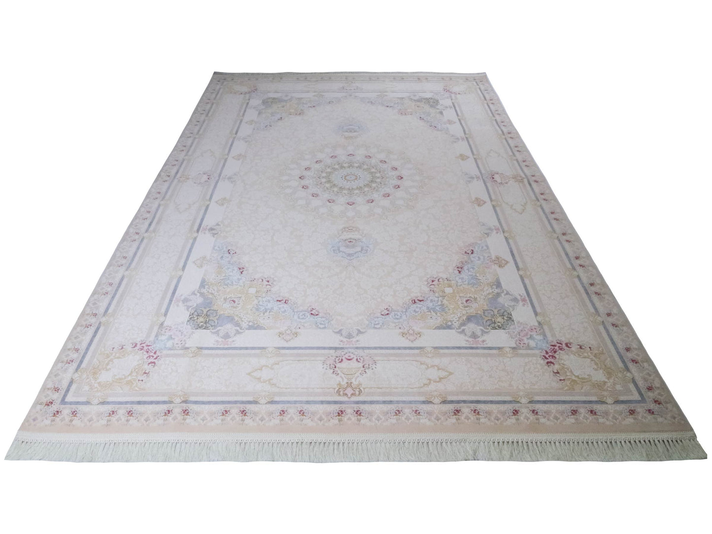 Persischer Maschinenteppich von Khademi aus Acryl, cremeweiß, Ghom-Medaillon-Design, Größe: 300 x 200 cm. Made in Iran. Teppichnummer: KB4-1831. Verkauf durch Jupiter Intl.