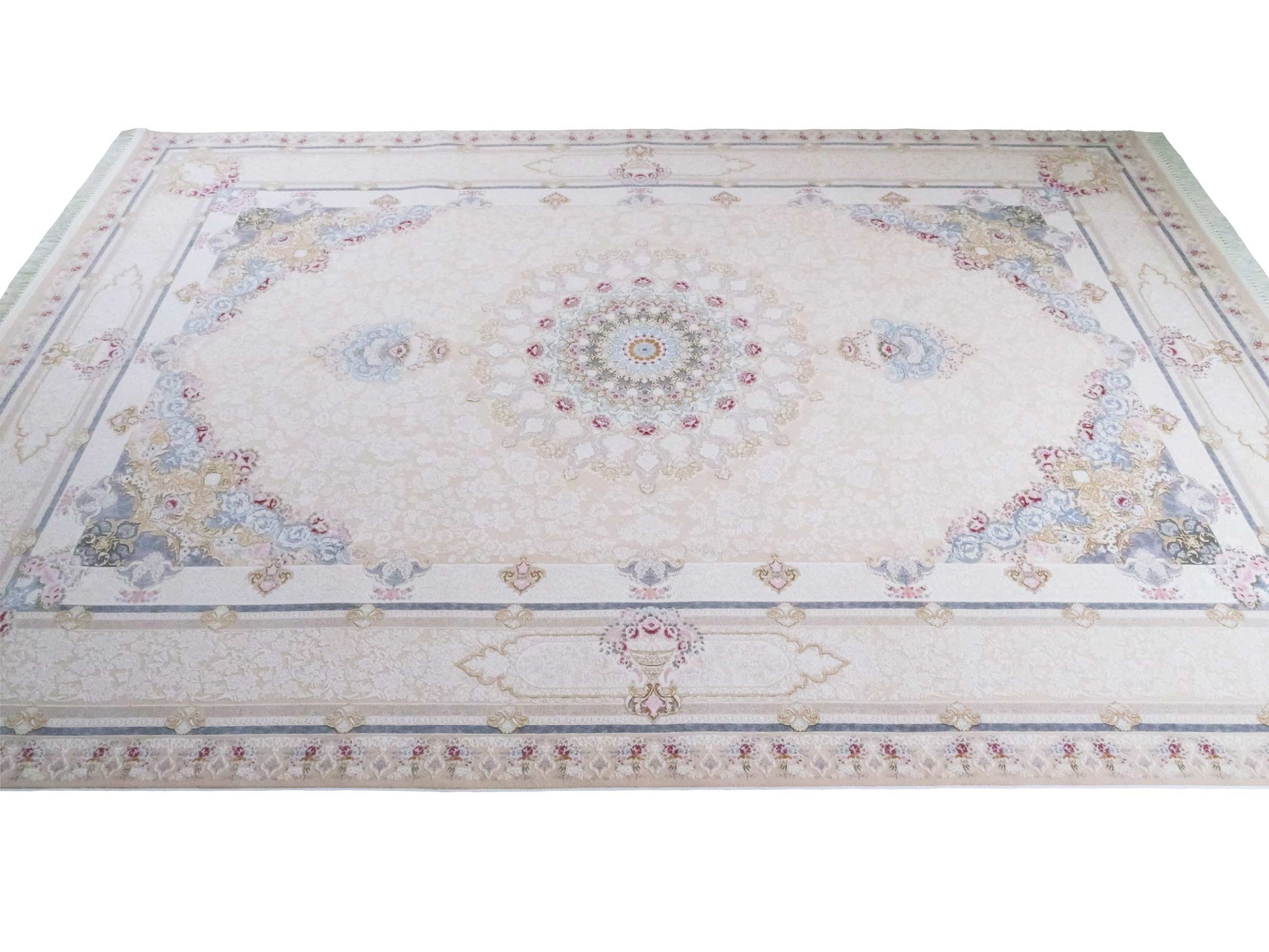 Persischer Maschinenteppich von Khademi aus Acryl, cremeweiß, Ghom-Medaillon-Design, Größe: 300 x 200 cm. Made in Iran. Teppichnummer: KB4-1831. Verkauf durch Jupiter Intl.