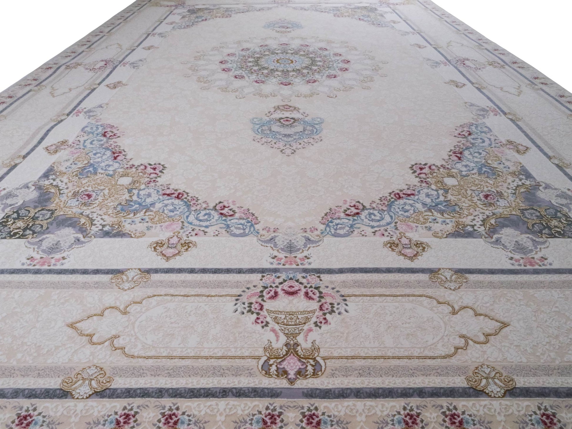 Persischer Maschinenteppich von Khademi aus Acryl, cremeweiß, Ghom-Medaillon-Design, Größe: 300 x 200 cm. Made in Iran. Teppichnummer: KB4-1831. Verkauf durch Jupiter Intl.