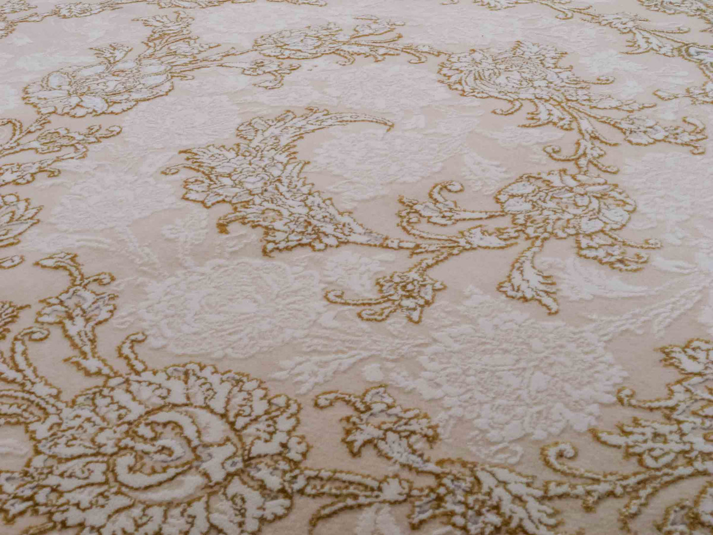 Persischer Maschinenteppich von Khademi aus Acryl, creme, Täbriz-Medaillon-Design, Größe: 300 x 200 cm. Made in Iran. Teppichnummer: KB4-1833. Verkauf durch Jupiter Intl.