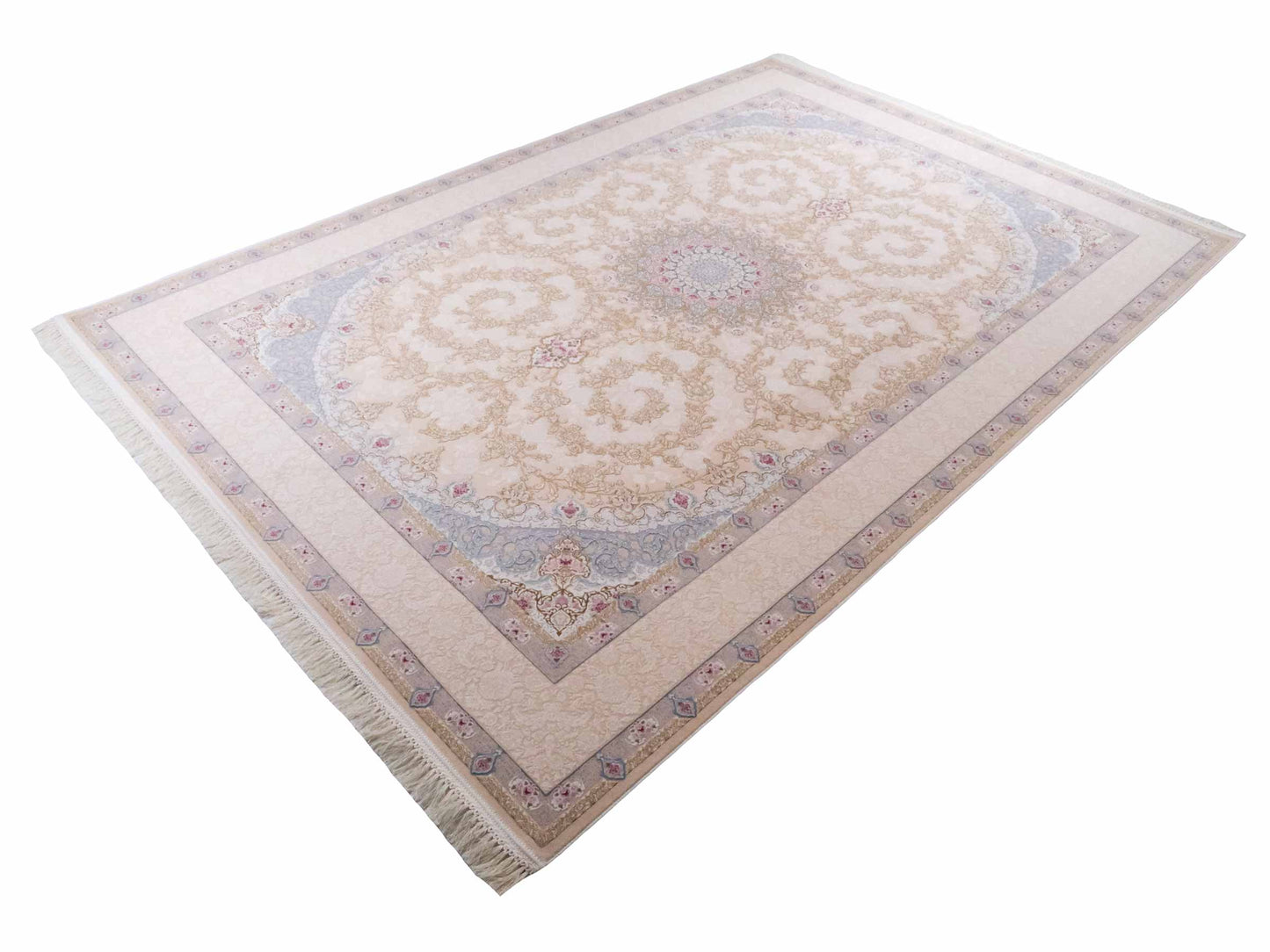 Persischer Maschinenteppich von Khademi aus Acryl, creme, Täbriz-Medaillon-Design, Größe: 300 x 200 cm. Made in Iran. Teppichnummer: KB4-1833. Verkauf durch Jupiter Intl.