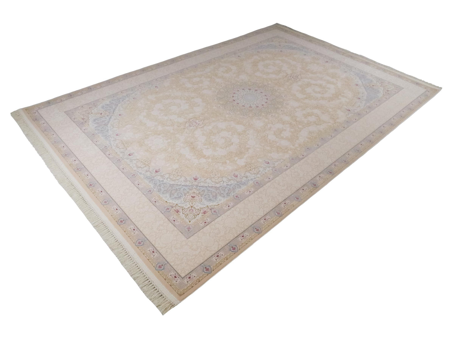 Persischer Maschinenteppich von Khademi aus Acryl, creme, Täbriz-Medaillon-Design, Größe: 300 x 200 cm. Made in Iran. Teppichnummer: KB4-1833. Verkauf durch Jupiter Intl.
