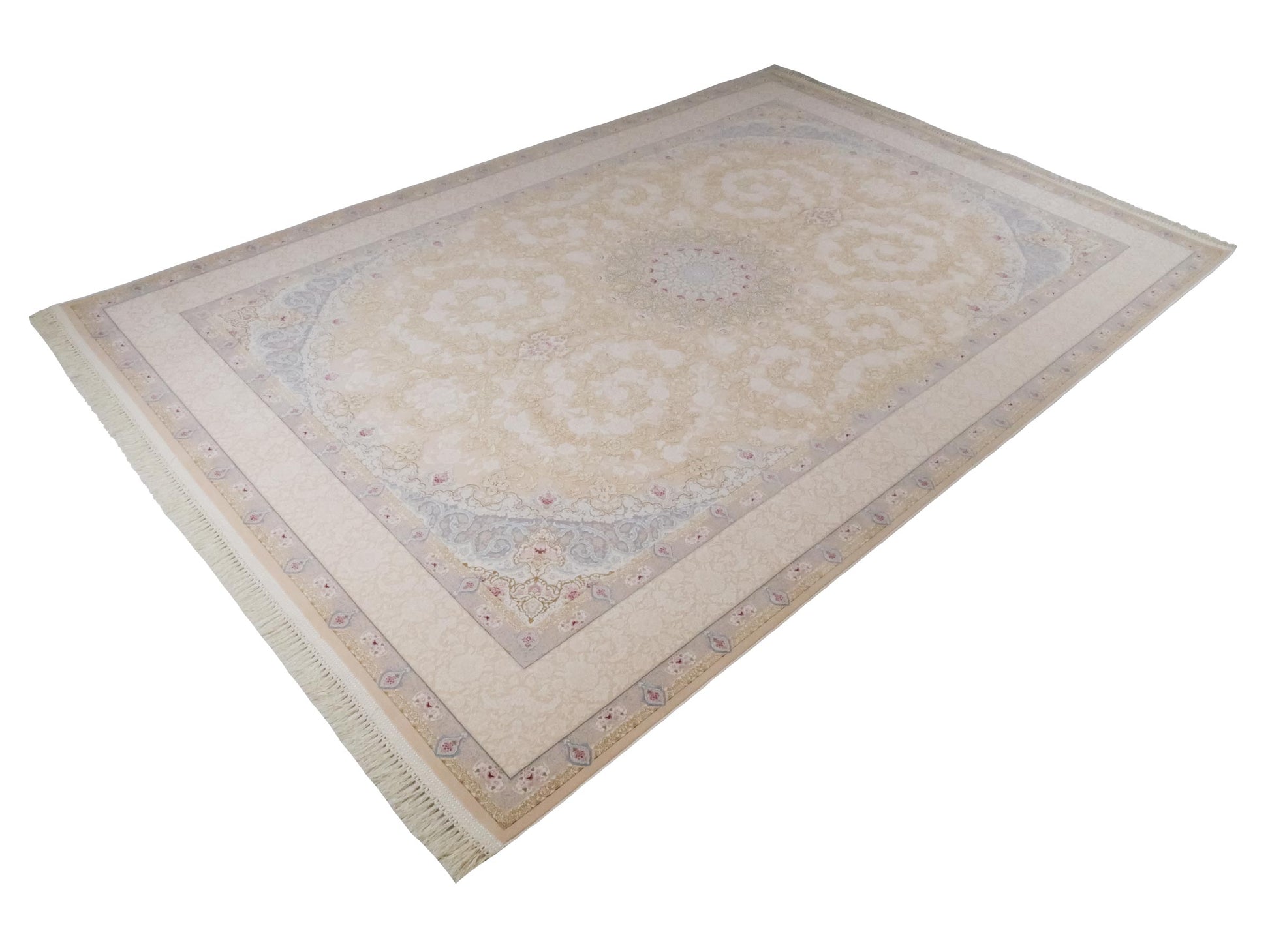 Persischer Maschinenteppich von Khademi aus Acryl, creme, Täbriz-Medaillon-Design, Größe: 300 x 200 cm. Made in Iran. Teppichnummer: KB4-1833. Verkauf durch Jupiter Intl.