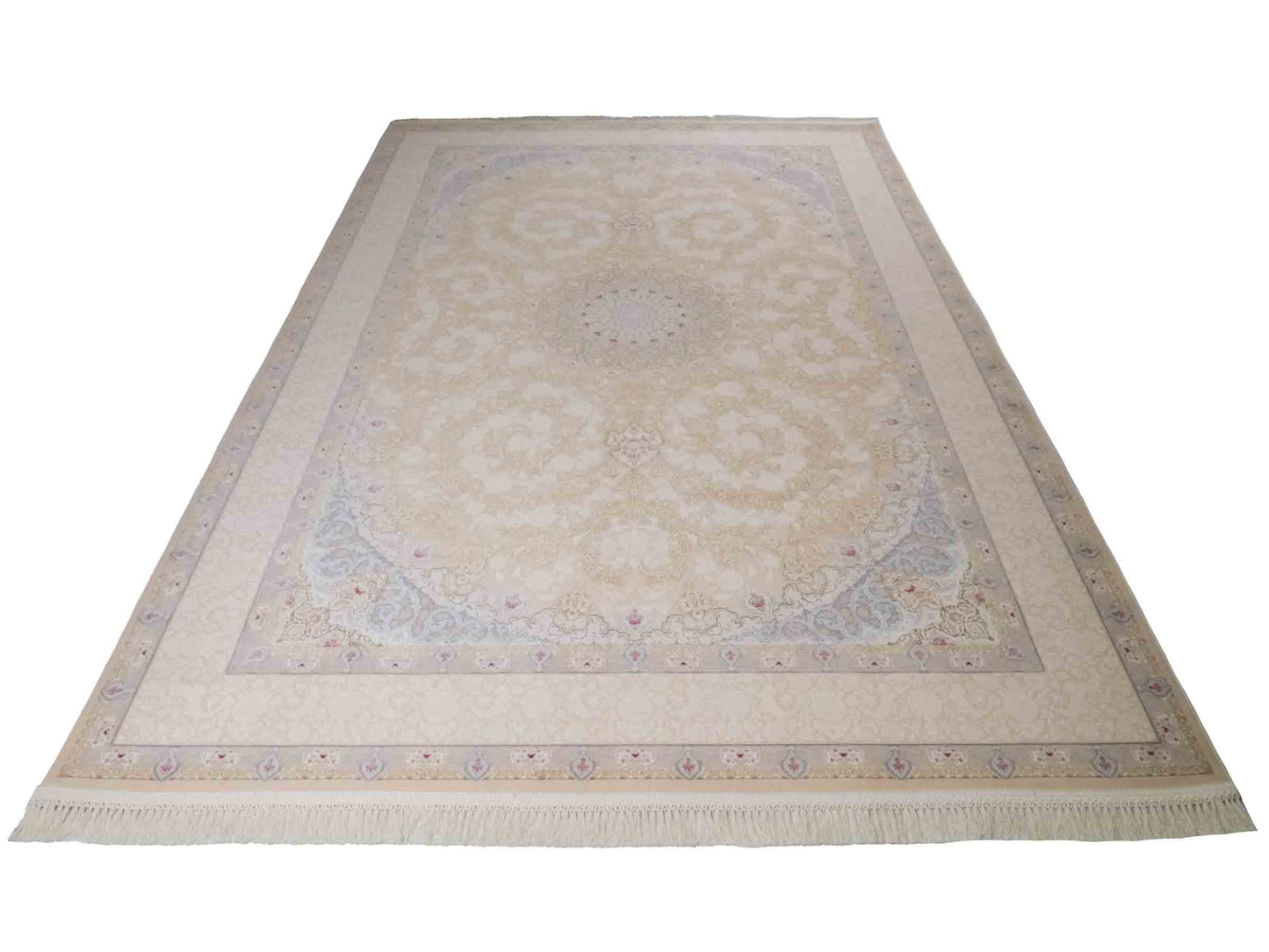 Persischer Maschinenteppich von Khademi aus Acryl, creme, Täbriz-Medaillon-Design, Größe: 300 x 200 cm. Made in Iran. Teppichnummer: KB4-1833. Verkauf durch Jupiter Intl.