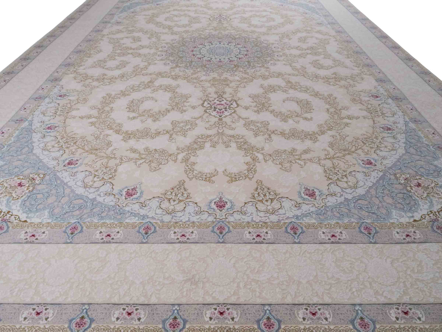 Persischer Maschinenteppich von Khademi aus Acryl, creme, Täbriz-Medaillon-Design, Größe: 300 x 200 cm. Made in Iran. Teppichnummer: KB4-1833. Verkauf durch Jupiter Intl.