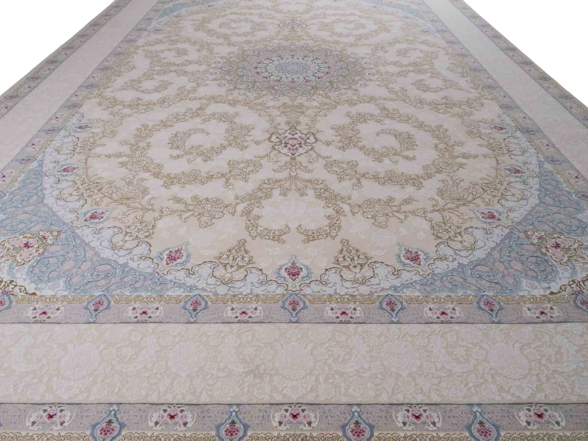 Persischer Maschinenteppich von Khademi aus Acryl, creme, Täbriz-Medaillon-Design, Größe: 300 x 200 cm. Made in Iran. Teppichnummer: KB4-1833. Verkauf durch Jupiter Intl.