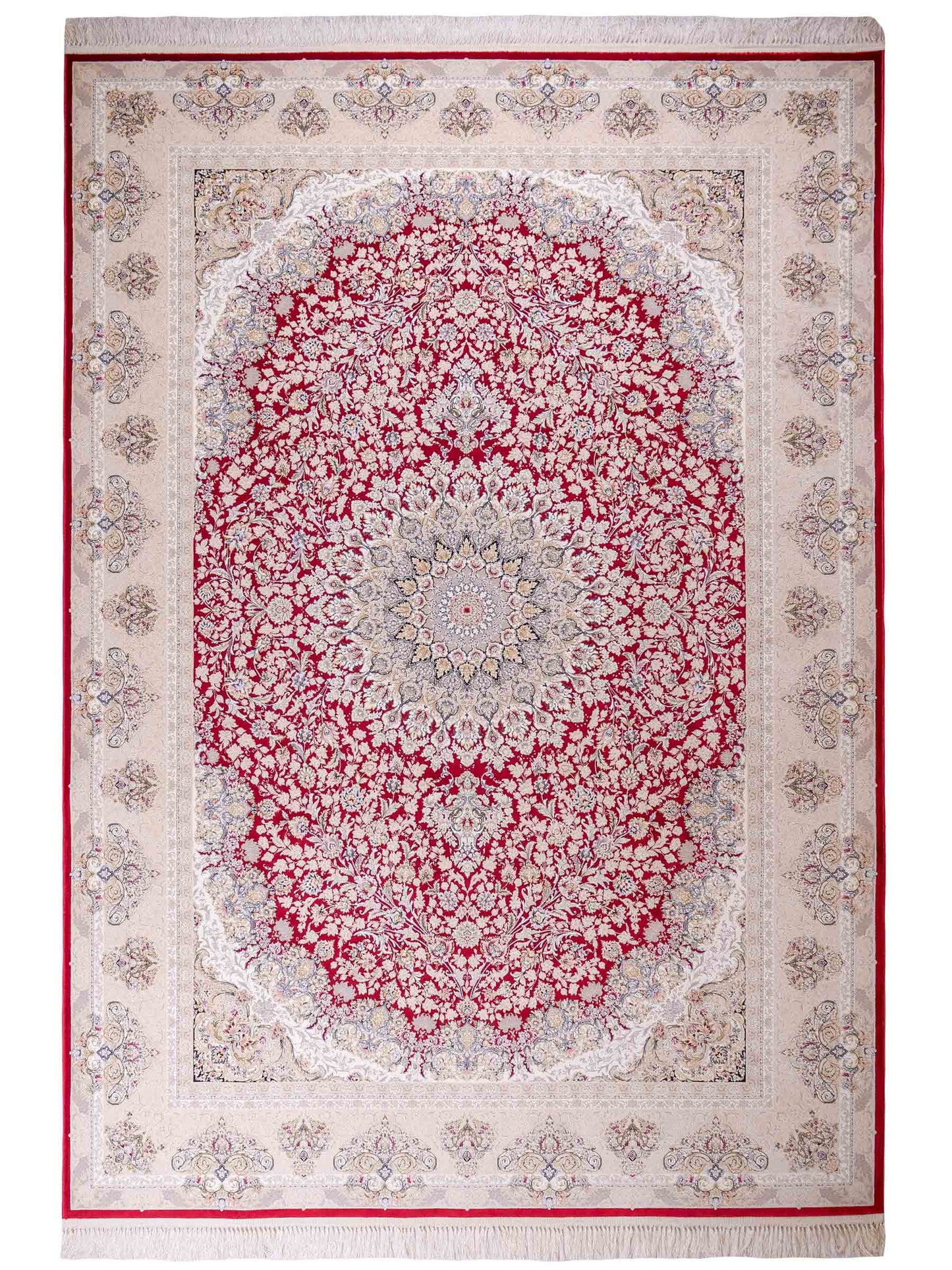 Persischer Maschinenteppich von Khademi aus Acryl, rot, Täbriz-Medaillon-Design, Größe: 300 x 200 cm. Made in Iran. Teppichnummer: KB4-1832. Verkauf durch Jupiter Intl.