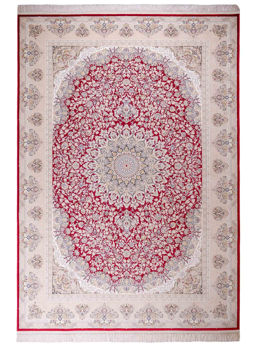 Persischer Maschinenteppich von Khademi aus Acryl, rot, Täbriz-Medaillon-Design, Größe: 300 x 200 cm. Made in Iran. Teppichnummer: KB4-1832. Verkauf durch Jupiter Intl.