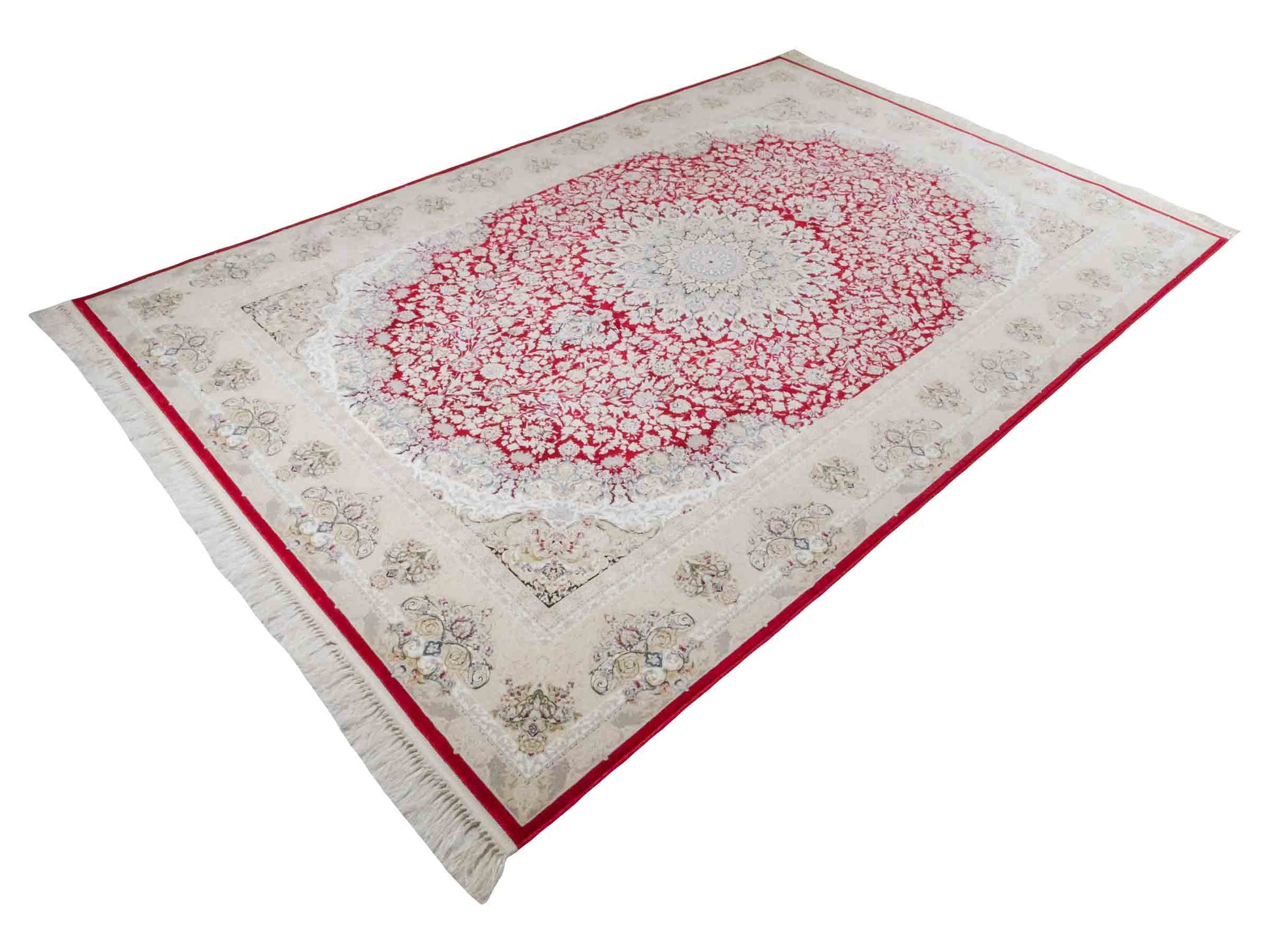 Persischer Maschinenteppich von Khademi aus Acryl, rot, Täbriz-Medaillon-Design, Größe: 300 x 200 cm. Made in Iran. Teppichnummer: KB4-1832. Verkauf durch Jupiter Intl.