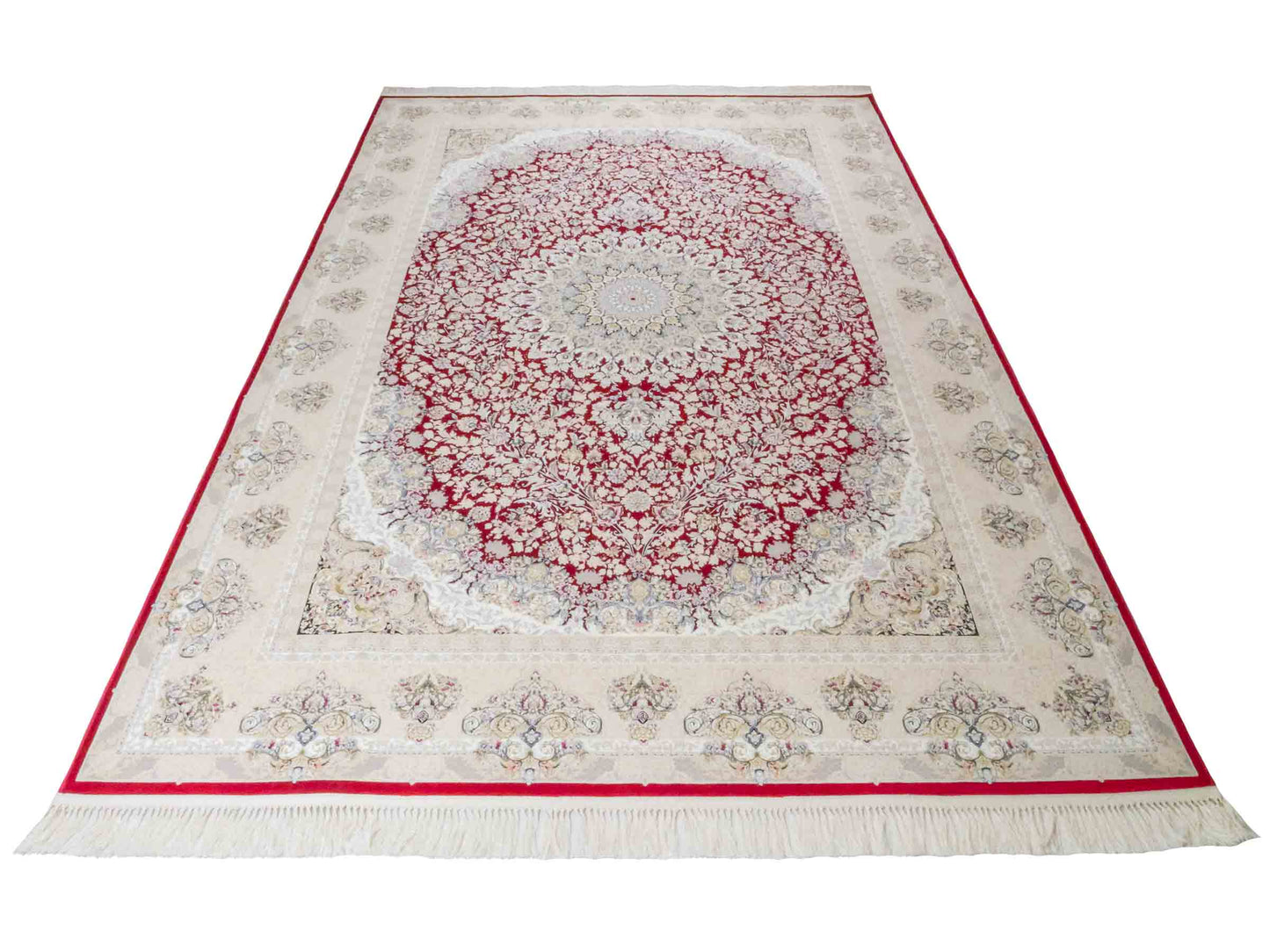Persischer Maschinenteppich von Khademi aus Acryl, rot, Täbriz-Medaillon-Design, Größe: 300 x 200 cm. Made in Iran. Teppichnummer: KB4-1832. Verkauf durch Jupiter Intl.