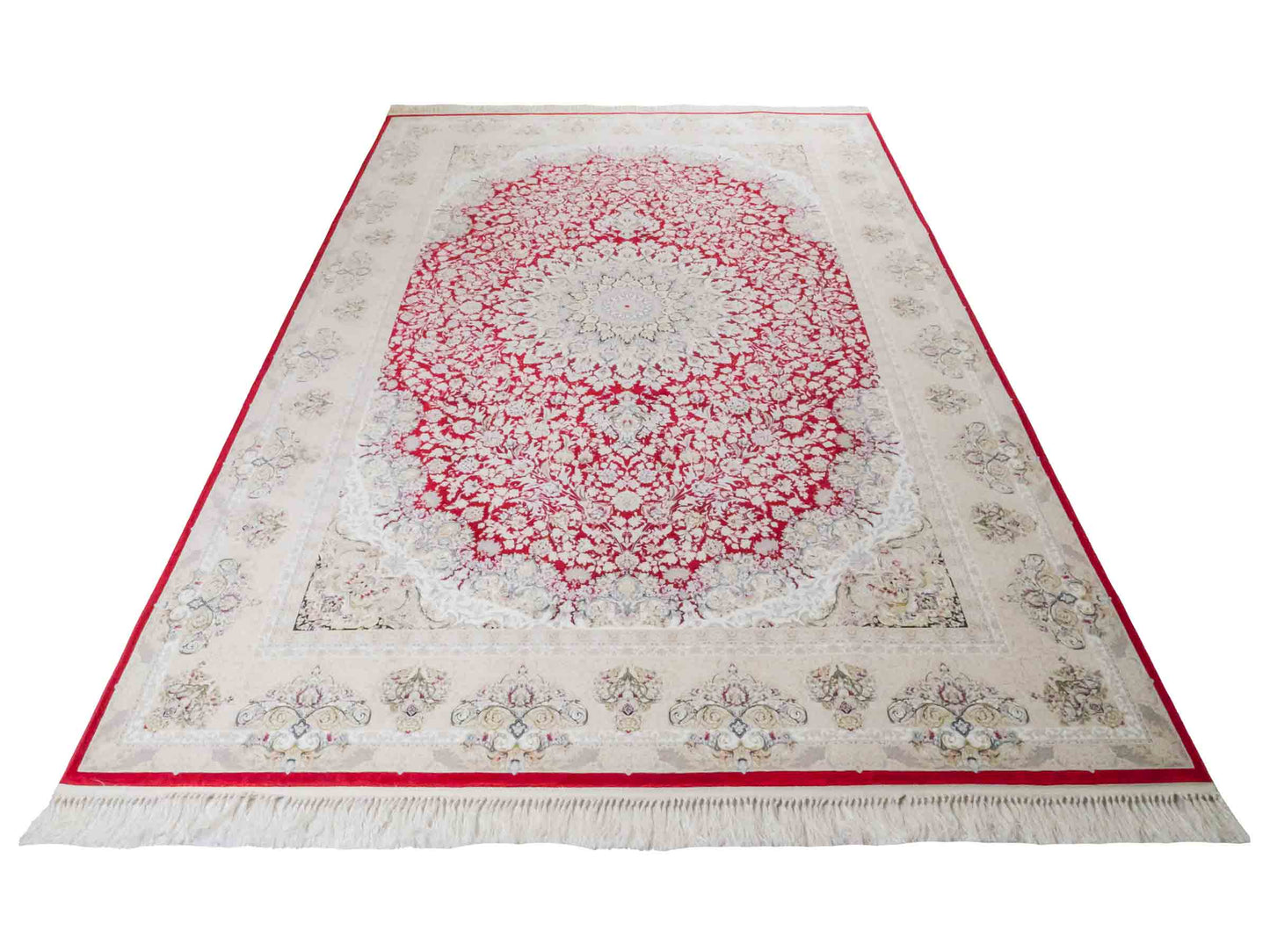 Persischer Maschinenteppich von Khademi aus Acryl, rot, Täbriz-Medaillon-Design, Größe: 300 x 200 cm. Made in Iran. Teppichnummer: KB4-1832. Verkauf durch Jupiter Intl.