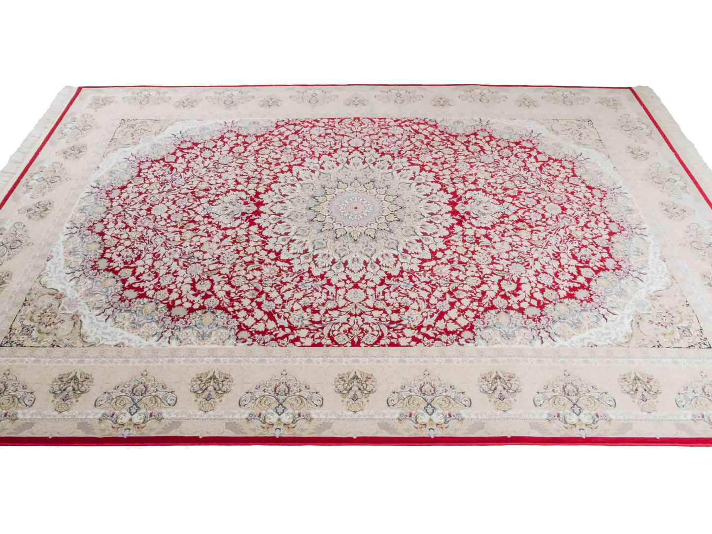 Persischer Maschinenteppich von Khademi aus Acryl, rot, Täbriz-Medaillon-Design, Größe: 300 x 200 cm. Made in Iran. Teppichnummer: KB4-1832. Verkauf durch Jupiter Intl.
