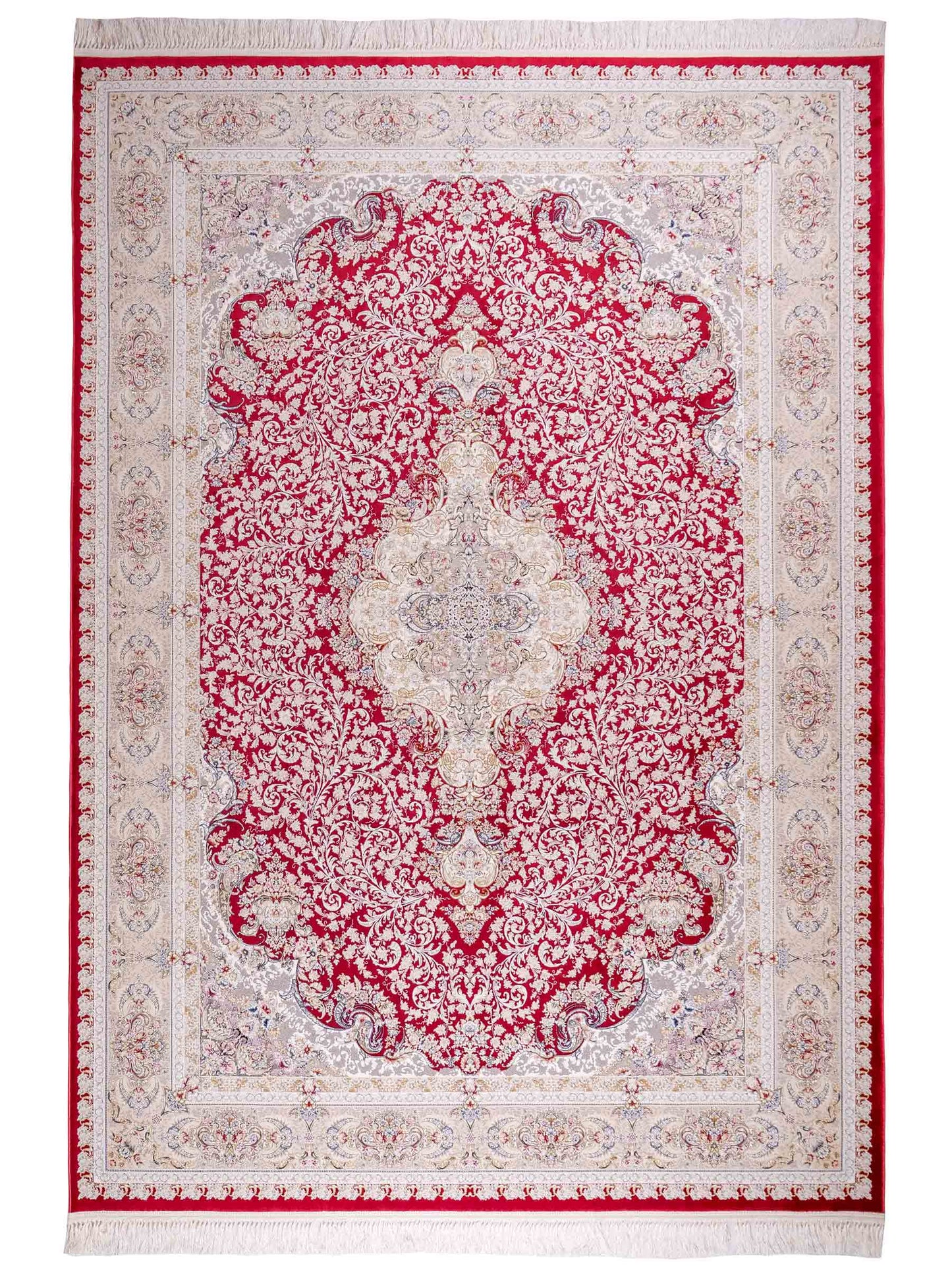 Persischer Maschinenteppich von Khademi aus Acryl, rot, Täbriz-Medaillon-Design, Größe: 300 x 200 cm. Made in Iran. Teppichnummer: KB4-1834. Verkauf durch Jupiter Intl.