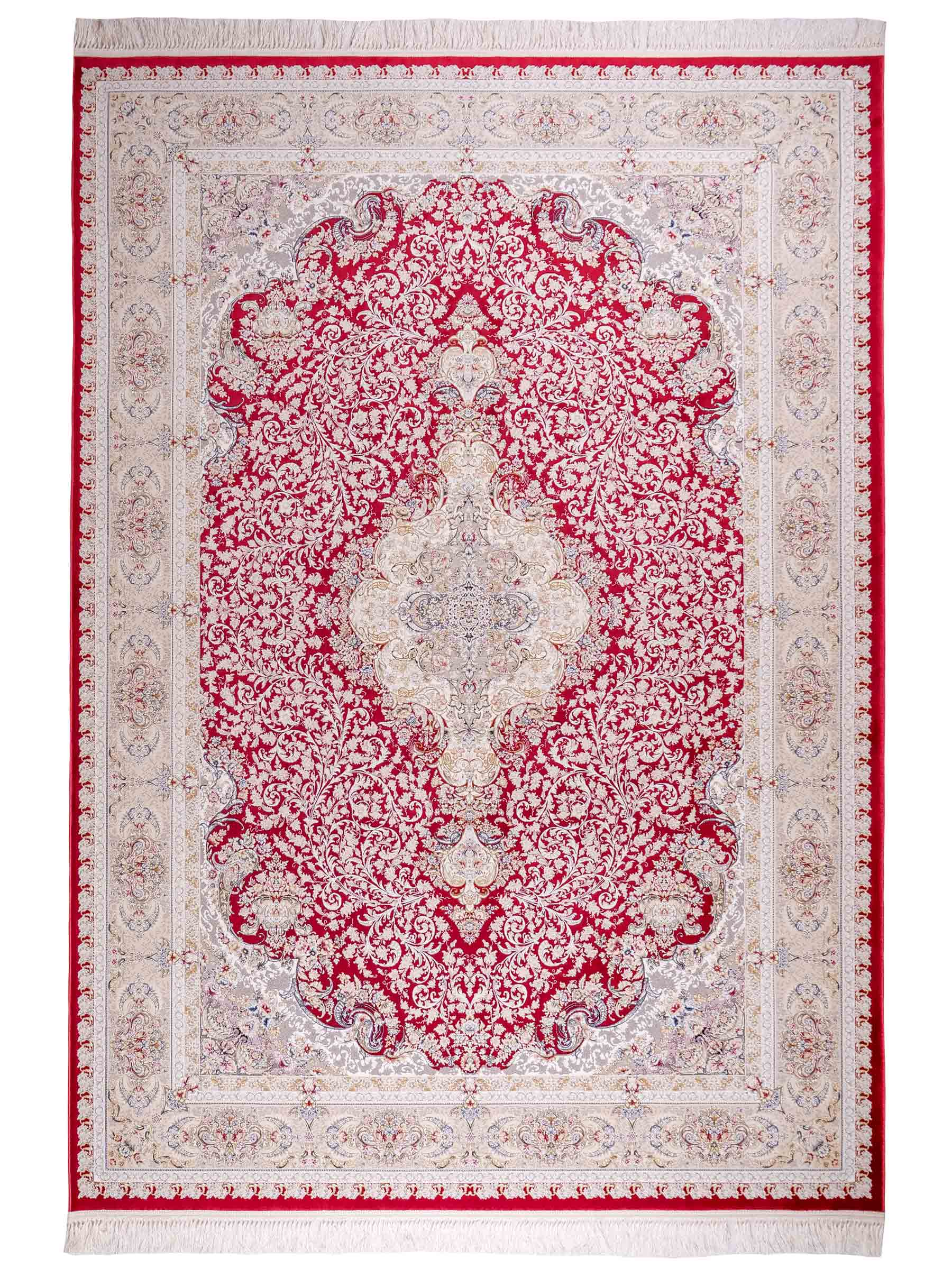 Persischer Maschinenteppich von Khademi aus Acryl, rot, Täbriz-Medaillon-Design, Größe: 300 x 200 cm. Made in Iran. Teppichnummer: KB4-1834. Verkauf durch Jupiter Intl.