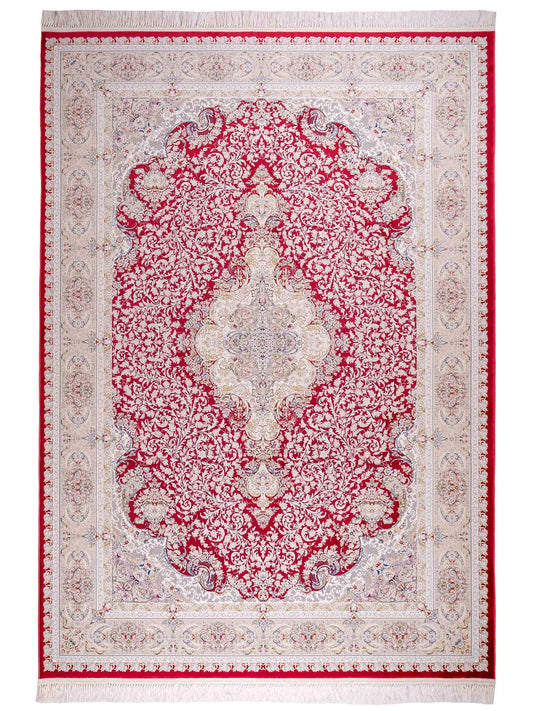 Persischer Maschinenteppich von Khademi aus Acryl, rot, Täbriz-Medaillon-Design, Größe: 300 x 200 cm. Made in Iran. Teppichnummer: KB4-1834. Verkauf durch Jupiter Intl.