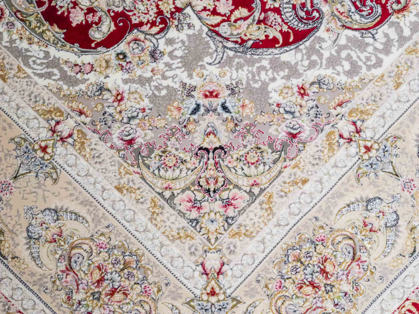 Persischer Maschinenteppich von Khademi aus Acryl, rot, Täbriz-Medaillon-Design, Größe: 300 x 200 cm. Made in Iran. Teppichnummer: KB4-1834. Verkauf durch Jupiter Intl.
