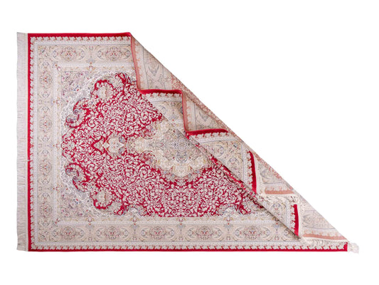 Persischer Maschinenteppich von Khademi aus Acryl, rot, Täbriz-Medaillon-Design, Größe: 300 x 200 cm. Made in Iran. Teppichnummer: KB4-1834. Verkauf durch Jupiter Intl.