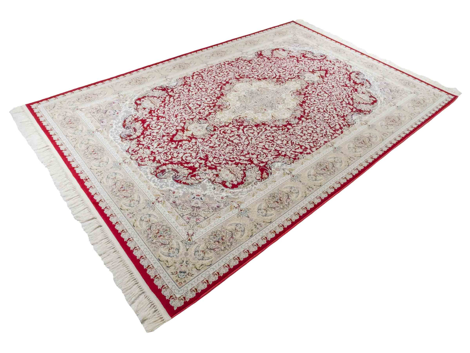 Persischer Maschinenteppich von Khademi aus Acryl, rot, Täbriz-Medaillon-Design, Größe: 300 x 200 cm. Made in Iran. Teppichnummer: KB4-1834. Verkauf durch Jupiter Intl.