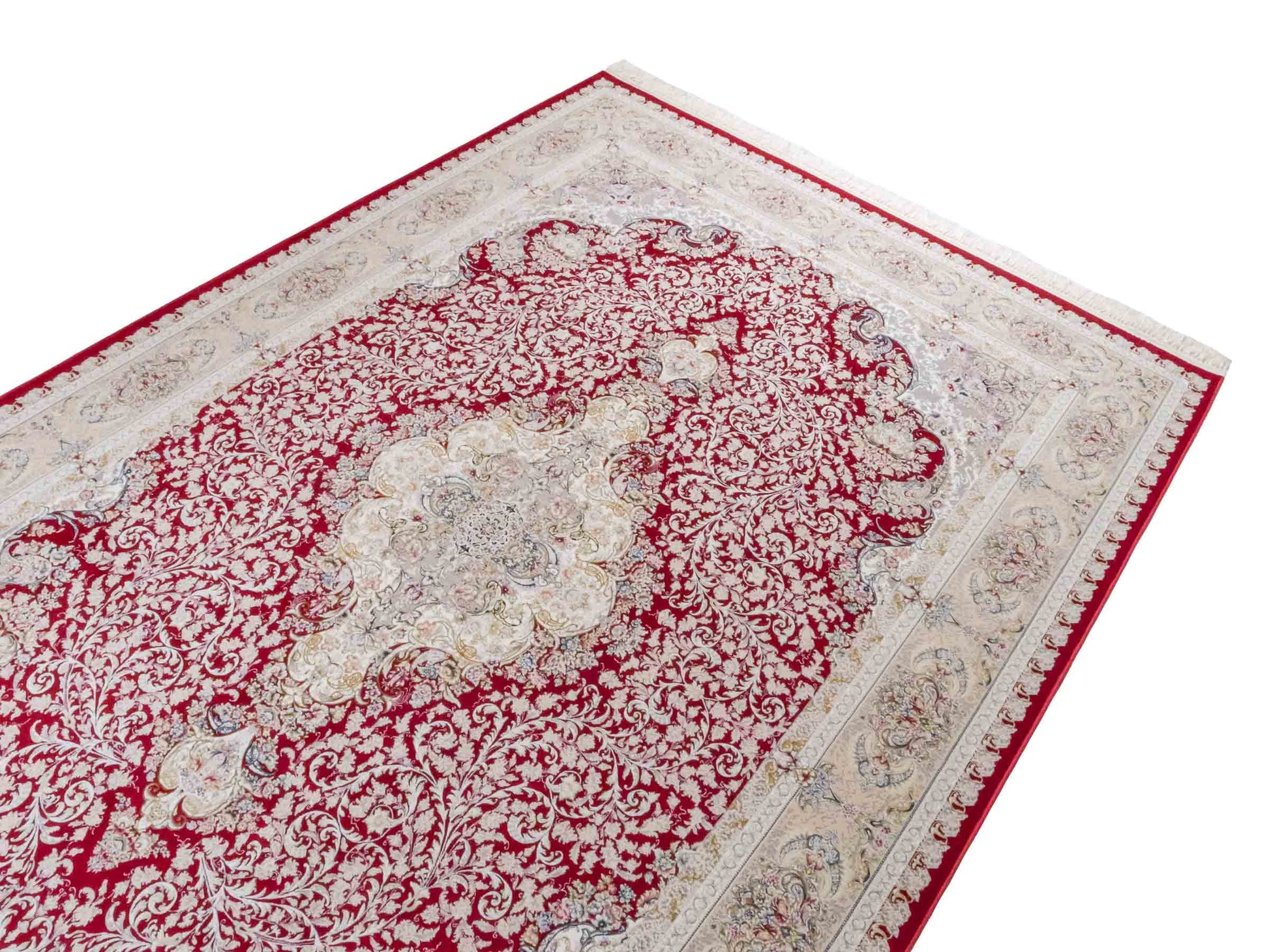 Persischer Maschinenteppich von Khademi aus Acryl, rot, Täbriz-Medaillon-Design, Größe: 300 x 200 cm. Made in Iran. Teppichnummer: KB4-1834. Verkauf durch Jupiter Intl.
