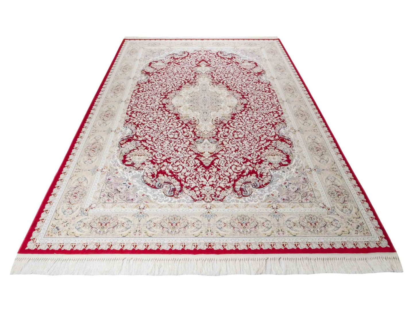 Persischer Maschinenteppich von Khademi aus Acryl, rot, Täbriz-Medaillon-Design, Größe: 300 x 200 cm. Made in Iran. Teppichnummer: KB4-1834. Verkauf durch Jupiter Intl.