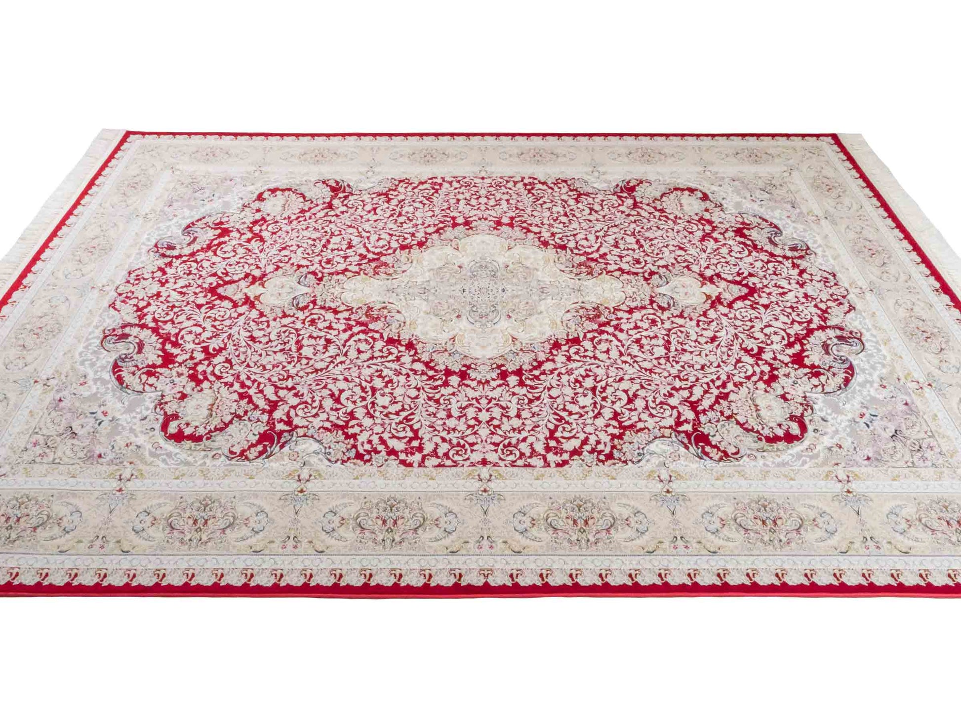 Persischer Maschinenteppich von Khademi aus Acryl, rot, Täbriz-Medaillon-Design, Größe: 300 x 200 cm. Made in Iran. Teppichnummer: KB4-1834. Verkauf durch Jupiter Intl.