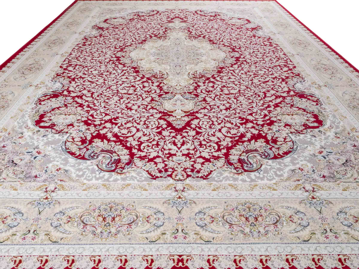 Persischer Maschinenteppich von Khademi aus Acryl, rot, Täbriz-Medaillon-Design, Größe: 300 x 200 cm. Made in Iran. Teppichnummer: KB4-1834. Verkauf durch Jupiter Intl.