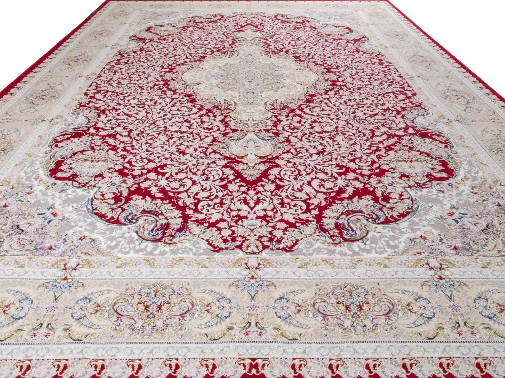 Persischer Maschinenteppich von Khademi aus Acryl, rot, Täbriz-Medaillon-Design, Größe: 300 x 200 cm. Made in Iran. Teppichnummer: KB4-1834. Verkauf durch Jupiter Intl.