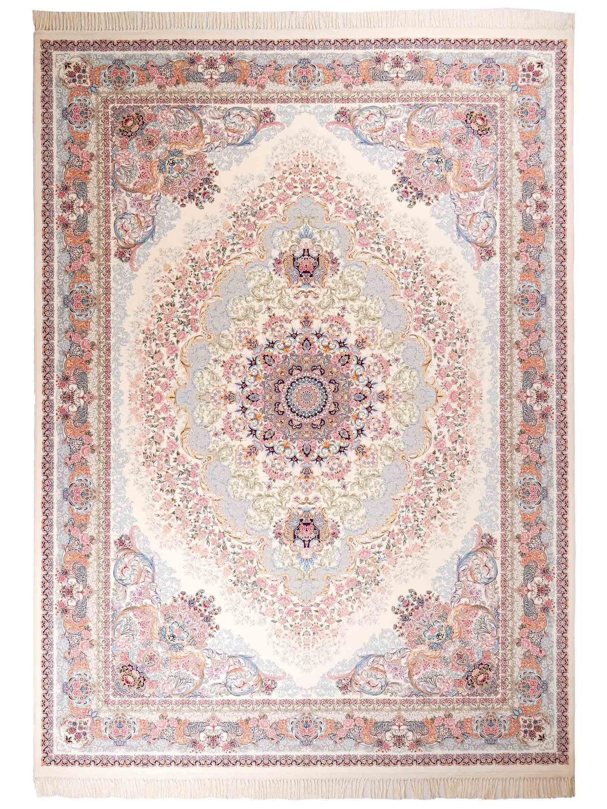 Persischer Maschinenteppich von Khademi aus Acryl, cremeweiß, mit Medaillon, Täbriz-Design, Größe: 350 x 250 cm. Made in Iran. Teppichnummer: KB4-1839. Verkauf durch Jupiter Intl.