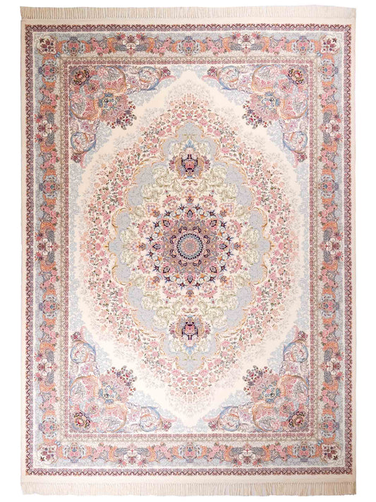Persischer Maschinenteppich von Khademi aus Acryl, cremeweiß, mit Medaillon, Täbriz-Design, Größe: 350 x 250 cm. Made in Iran. Teppichnummer: KB4-1839. Verkauf durch Jupiter Intl.