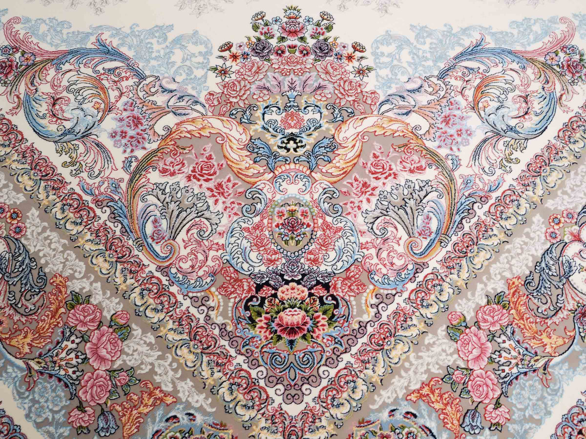 Persischer Maschinenteppich von Khademi aus Acryl, cremeweiß, mit Medaillon, Täbriz-Design, Größe: 350 x 250 cm. Made in Iran. Teppichnummer: KB4-1839. Verkauf durch Jupiter Intl.