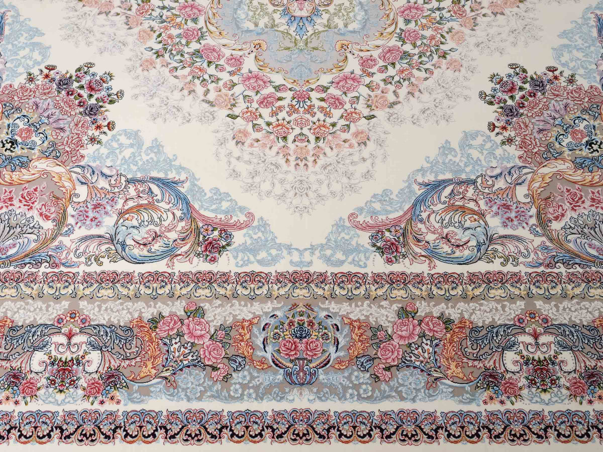 Persischer Maschinenteppich von Khademi aus Acryl, cremeweiß, mit Medaillon, Täbriz-Design, Größe: 350 x 250 cm. Made in Iran. Teppichnummer: KB4-1839. Verkauf durch Jupiter Intl.