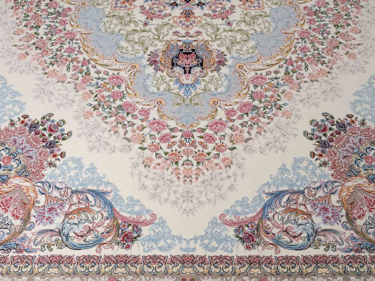 Persischer Maschinenteppich von Khademi aus Acryl, cremeweiß, mit Medaillon, Täbriz-Design, Größe: 350 x 250 cm. Made in Iran. Teppichnummer: KB4-1839. Verkauf durch Jupiter Intl.