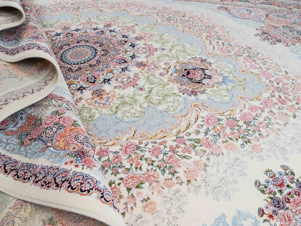 Persischer Maschinenteppich von Khademi aus Acryl, cremeweiß, mit Medaillon, Täbriz-Design, Größe: 350 x 250 cm. Made in Iran. Teppichnummer: KB4-1839. Verkauf durch Jupiter Intl.