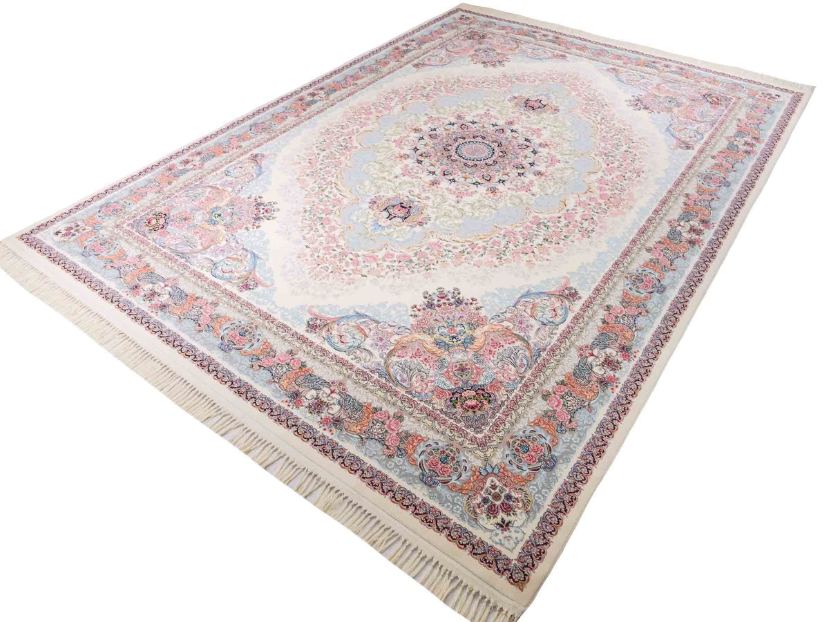 Persischer Maschinenteppich von Khademi aus Acryl, cremeweiß, mit Medaillon, Täbriz-Design, Größe: 350 x 250 cm. Made in Iran. Teppichnummer: KB4-1839. Verkauf durch Jupiter Intl.