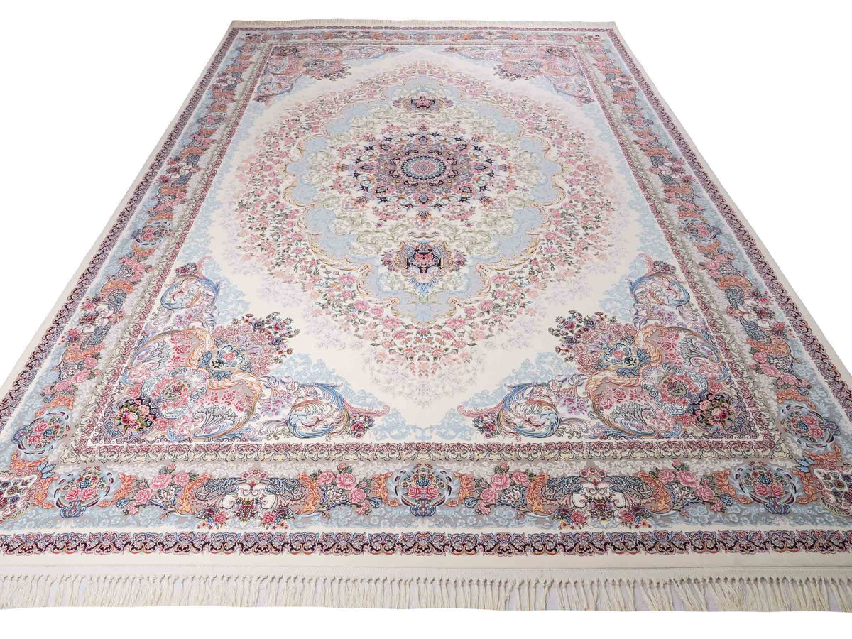 Persischer Maschinenteppich von Khademi aus Acryl, cremeweiß, mit Medaillon, Täbriz-Design, Größe: 350 x 250 cm. Made in Iran. Teppichnummer: KB4-1839. Verkauf durch Jupiter Intl.