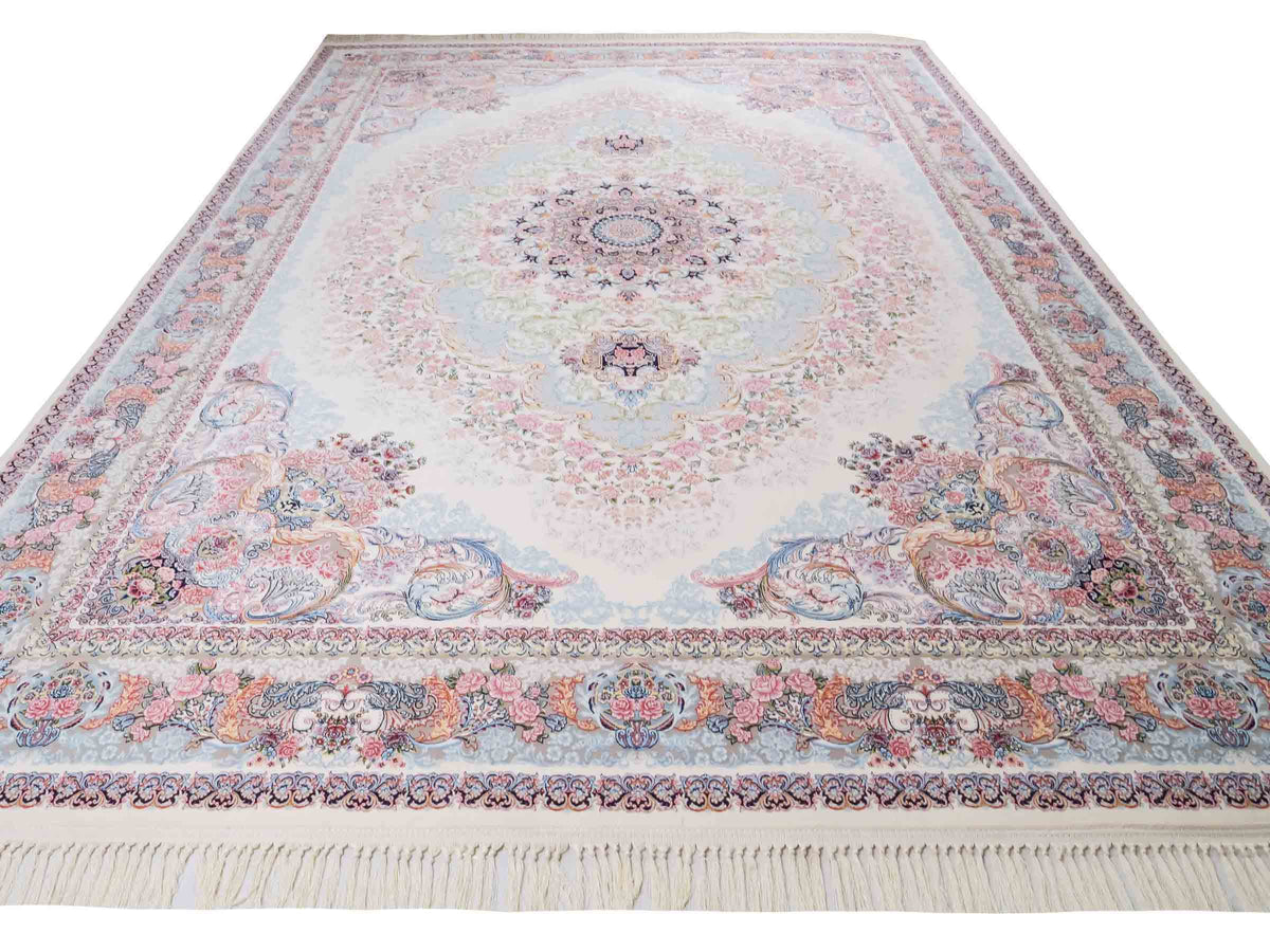 Persischer Maschinenteppich von Khademi aus Acryl, cremeweiß, mit Medaillon, Täbriz-Design, Größe: 350 x 250 cm. Made in Iran. Teppichnummer: KB4-1839. Verkauf durch Jupiter Intl.