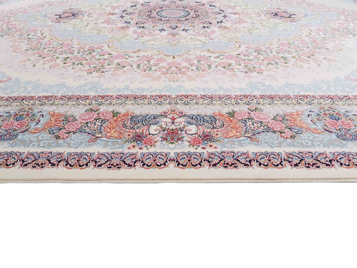 Persischer Maschinenteppich von Khademi aus Acryl, cremeweiß, mit Medaillon, Täbriz-Design, Größe: 350 x 250 cm. Made in Iran. Teppichnummer: KB4-1839. Verkauf durch Jupiter Intl.