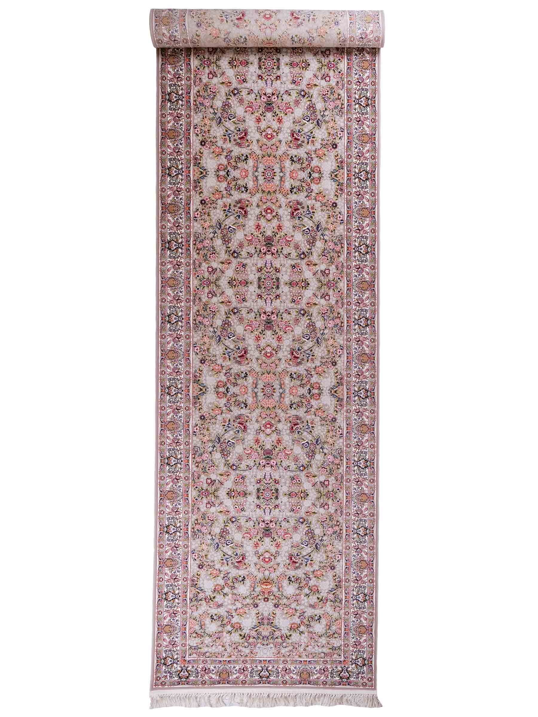 Persischer Läufer-Maschinenteppich von Khademi aus Acryl, grau, Allover-Ghom-Design, Größe: 400 x 100 cm. Made in Iran. Teppichnummer: KB4-1837. Verkauf durch Jupiter Intl.