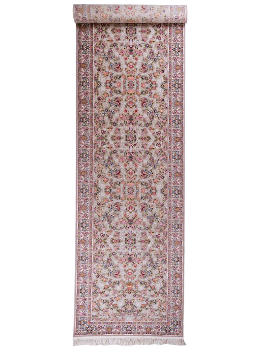 Persischer Läufer-Maschinenteppich von Khademi aus Acryl, grau, Allover-Ghom-Design, Größe: 400 x 100 cm. Made in Iran. Teppichnummer: KB4-1837. Verkauf durch Jupiter Intl.