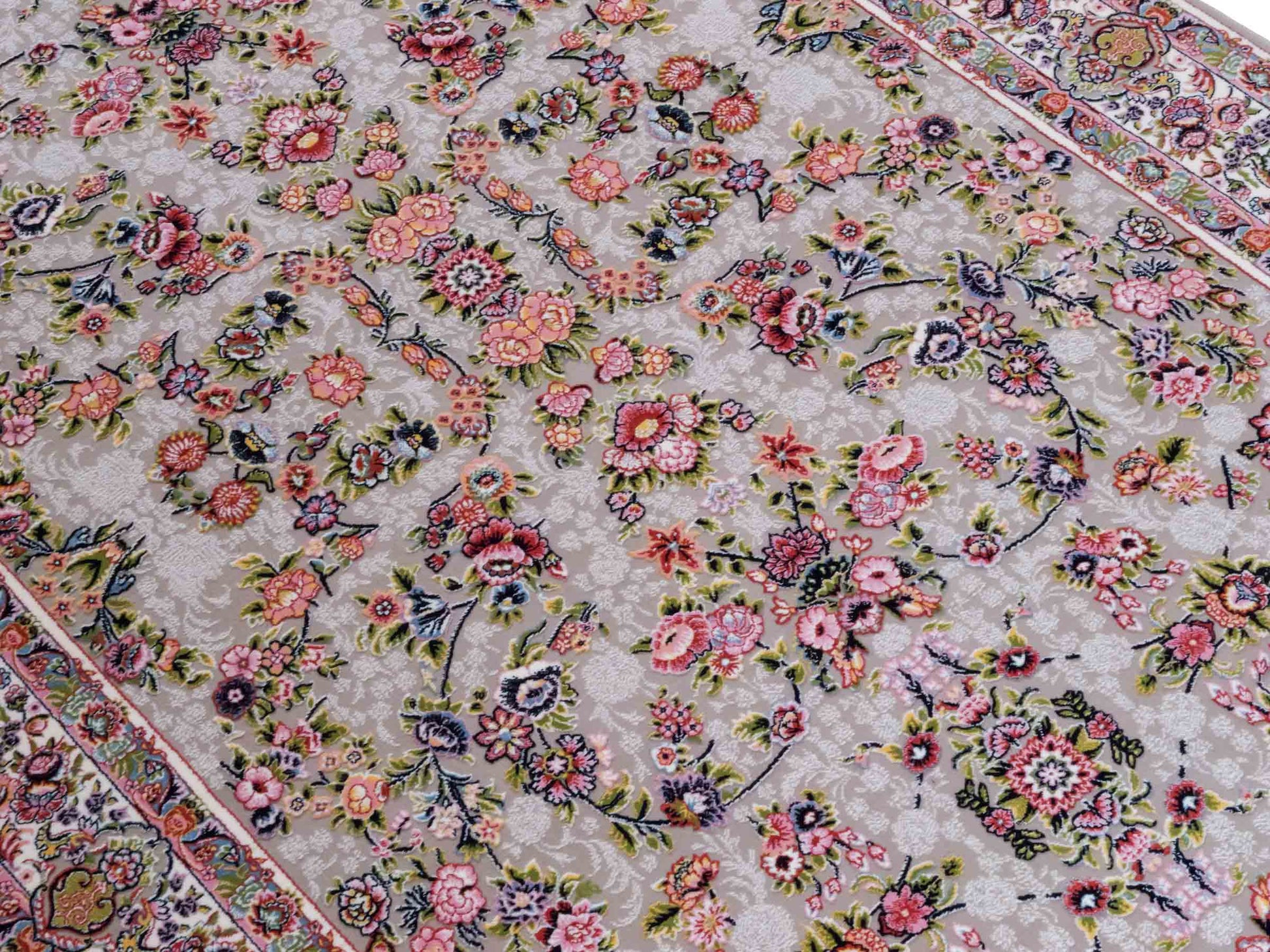 Persischer Läufer-Maschinenteppich von Khademi aus Acryl, grau, Allover-Ghom-Design, Größe: 400 x 100 cm. Made in Iran. Teppichnummer: KB4-1837. Verkauf durch Jupiter Intl.