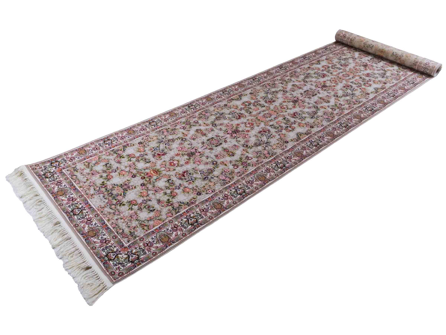 Persischer Läufer-Maschinenteppich von Khademi aus Acryl, grau, Allover-Ghom-Design, Größe: 400 x 100 cm. Made in Iran. Teppichnummer: KB4-1837. Verkauf durch Jupiter Intl.