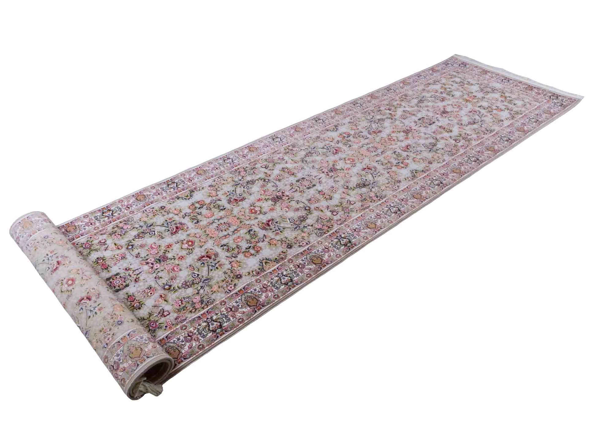 Persischer Läufer-Maschinenteppich von Khademi aus Acryl, grau, Allover-Ghom-Design, Größe: 400 x 100 cm. Made in Iran. Teppichnummer: KB4-1837. Verkauf durch Jupiter Intl.