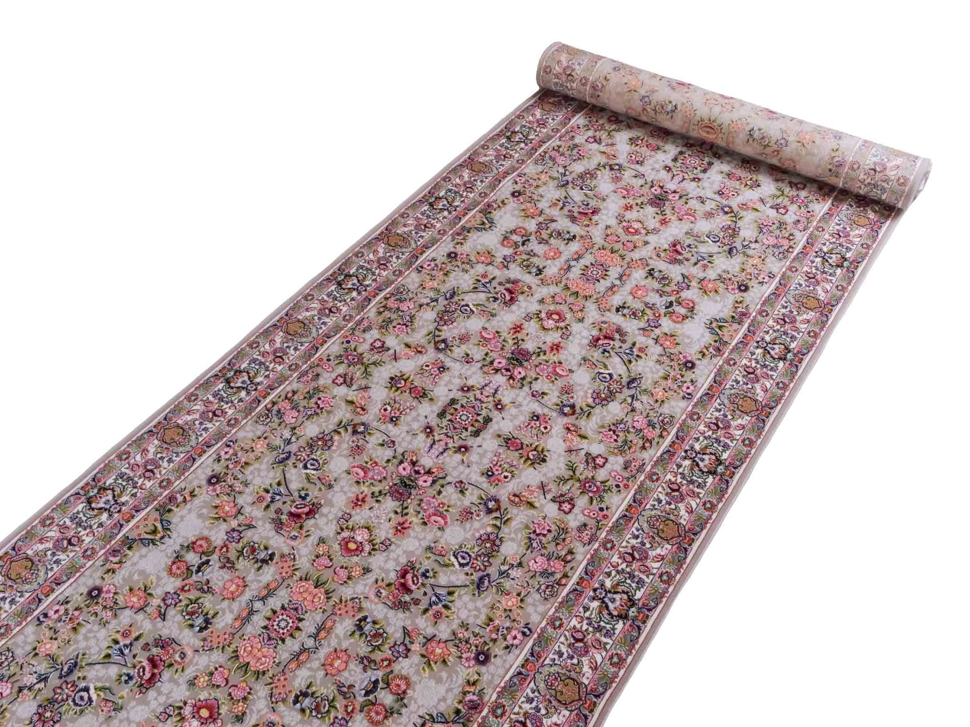 Persischer Läufer-Maschinenteppich von Khademi aus Acryl, grau, Allover-Ghom-Design, Größe: 400 x 100 cm. Made in Iran. Teppichnummer: KB4-1837. Verkauf durch Jupiter Intl.