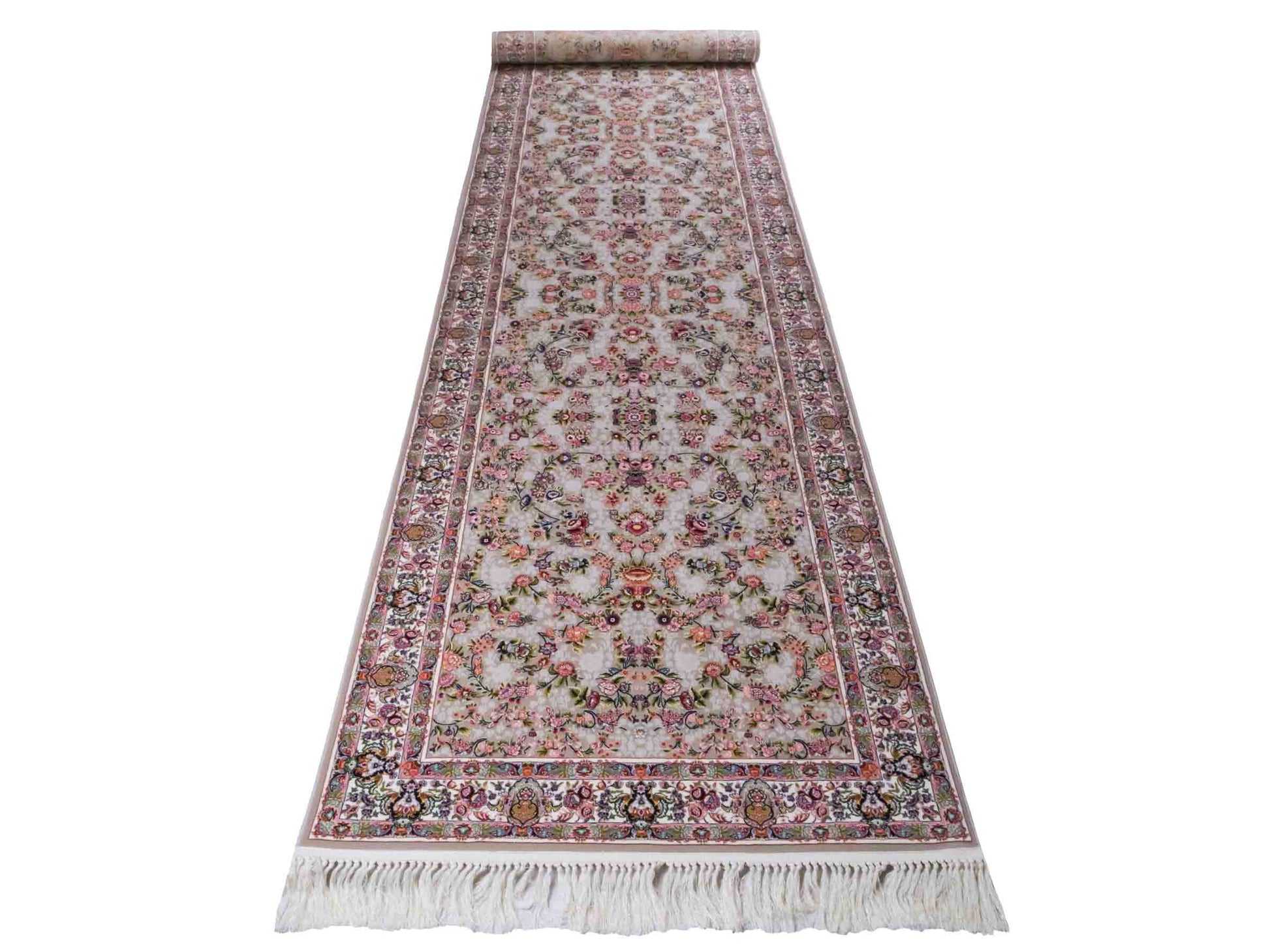 Persischer Läufer-Maschinenteppich von Khademi aus Acryl, grau, Allover-Ghom-Design, Größe: 400 x 100 cm. Made in Iran. Teppichnummer: KB4-1837. Verkauf durch Jupiter Intl.