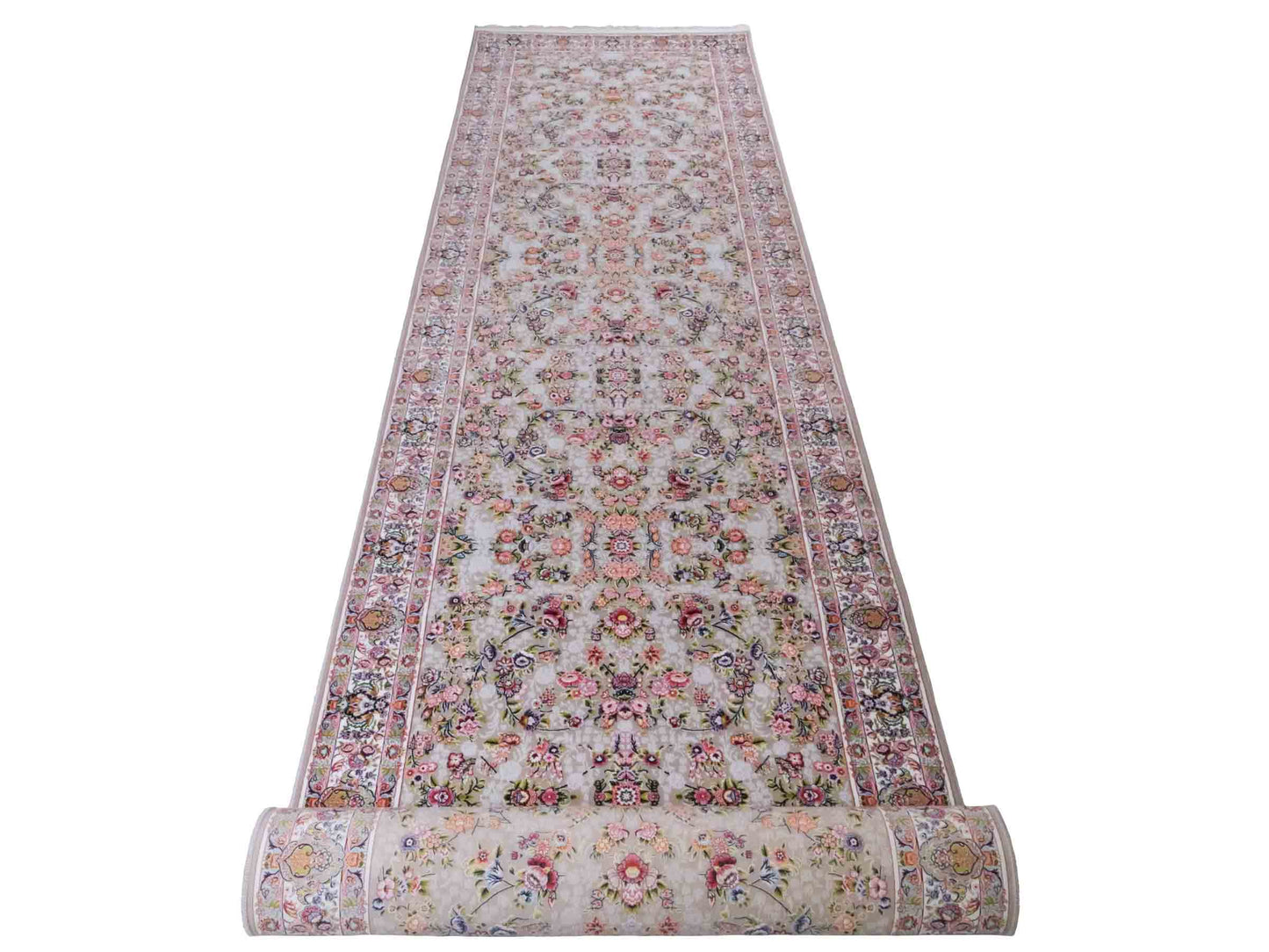 Persischer Läufer-Maschinenteppich von Khademi aus Acryl, grau, Allover-Ghom-Design, Größe: 400 x 100 cm. Made in Iran. Teppichnummer: KB4-1837. Verkauf durch Jupiter Intl.