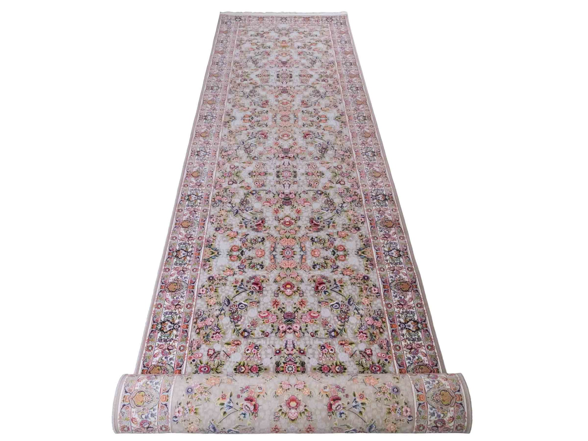 Persischer Läufer-Maschinenteppich von Khademi aus Acryl, grau, Allover-Ghom-Design, Größe: 400 x 100 cm. Made in Iran. Teppichnummer: KB4-1837. Verkauf durch Jupiter Intl.