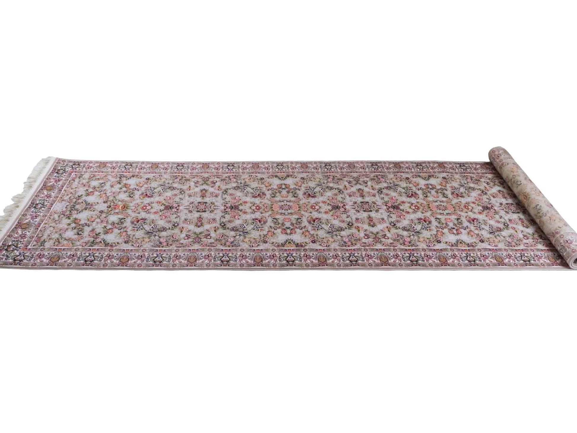 Persischer Läufer-Maschinenteppich von Khademi aus Acryl, grau, Allover-Ghom-Design, Größe: 400 x 100 cm. Made in Iran. Teppichnummer: KB4-1837. Verkauf durch Jupiter Intl.