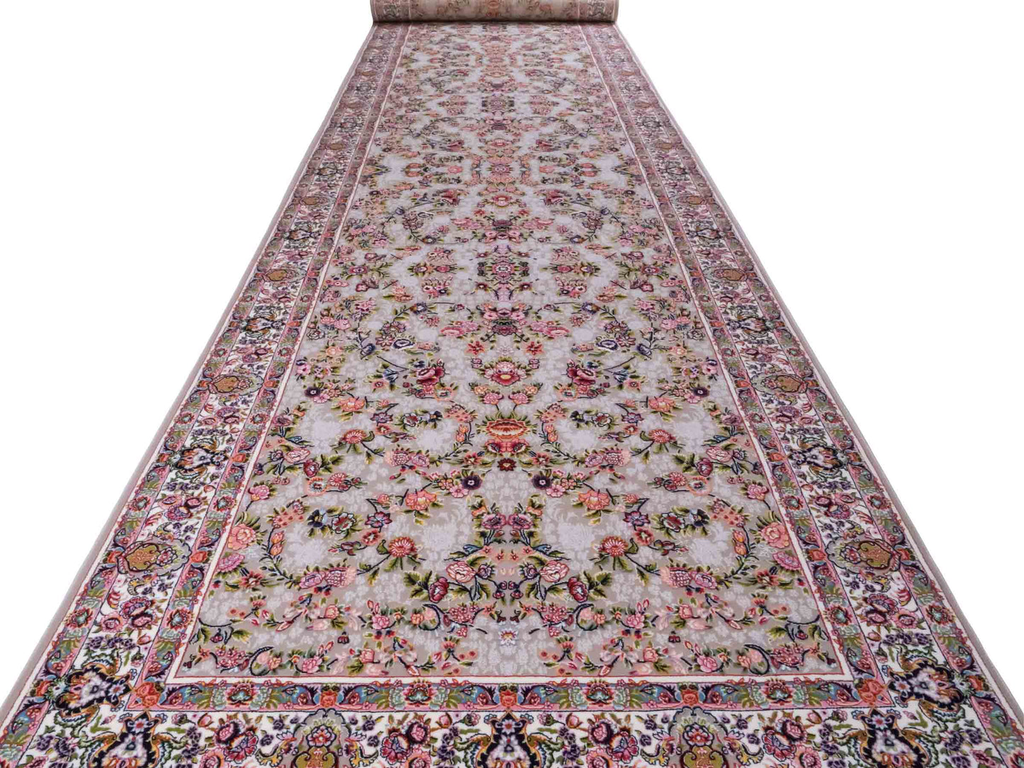 Persischer Läufer-Maschinenteppich von Khademi aus Acryl, grau, Allover-Ghom-Design, Größe: 400 x 100 cm. Made in Iran. Teppichnummer: KB4-1837. Verkauf durch Jupiter Intl.